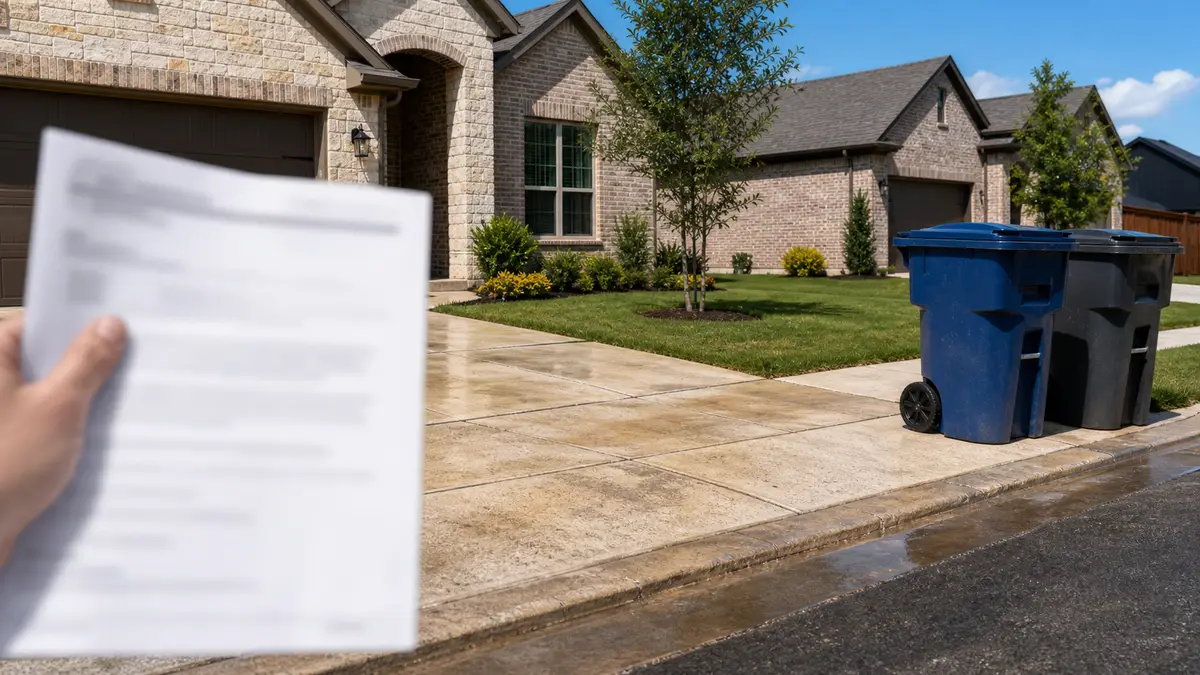 HOA notice, driveway, curbside bins, and exterior cleaning problem areas at a North Texas home