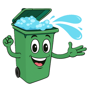 Spotless green bin mascot with a splash of water
